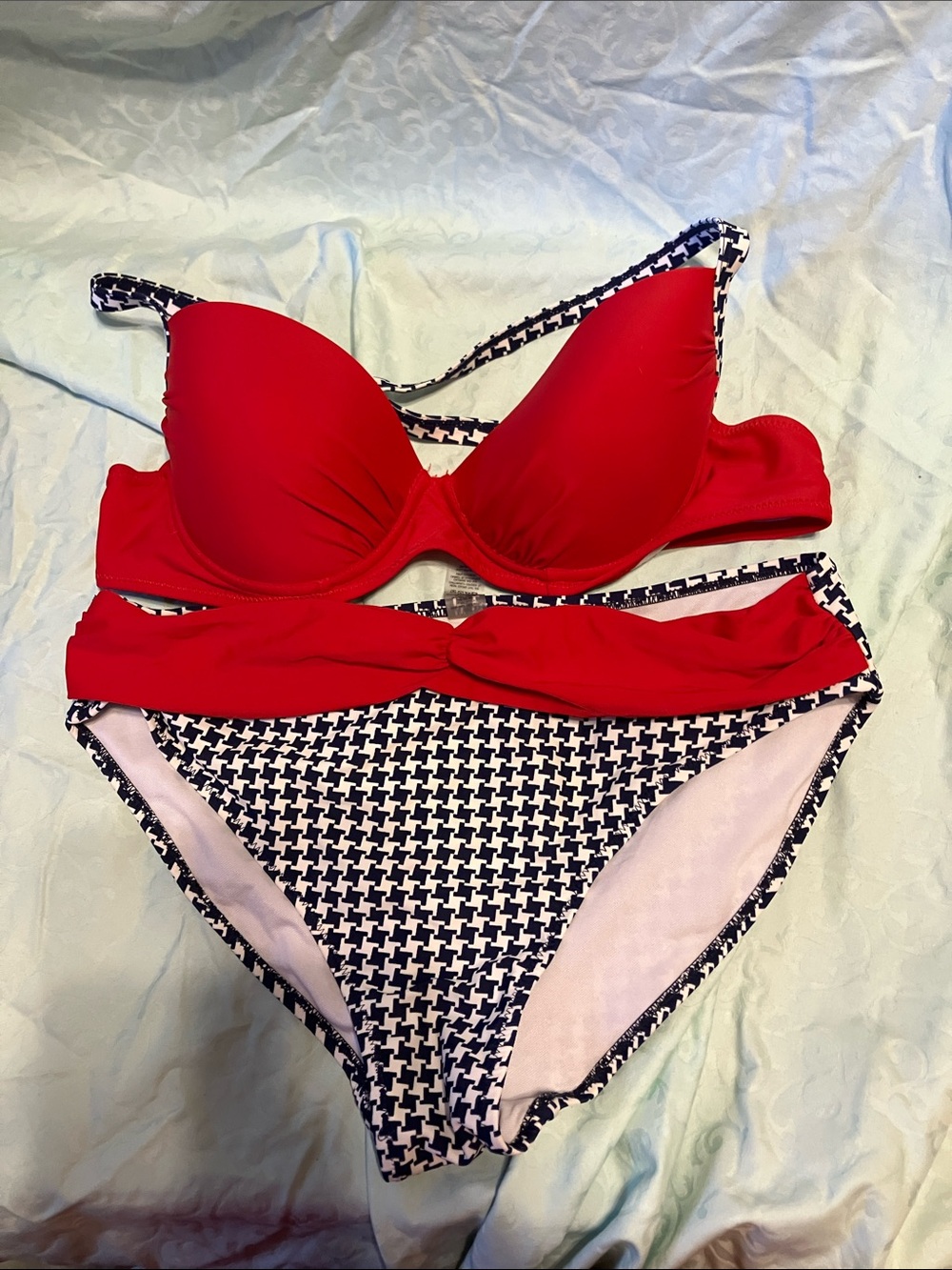 Red Two-Piece Bikini Set with Houndstooth Bottoms